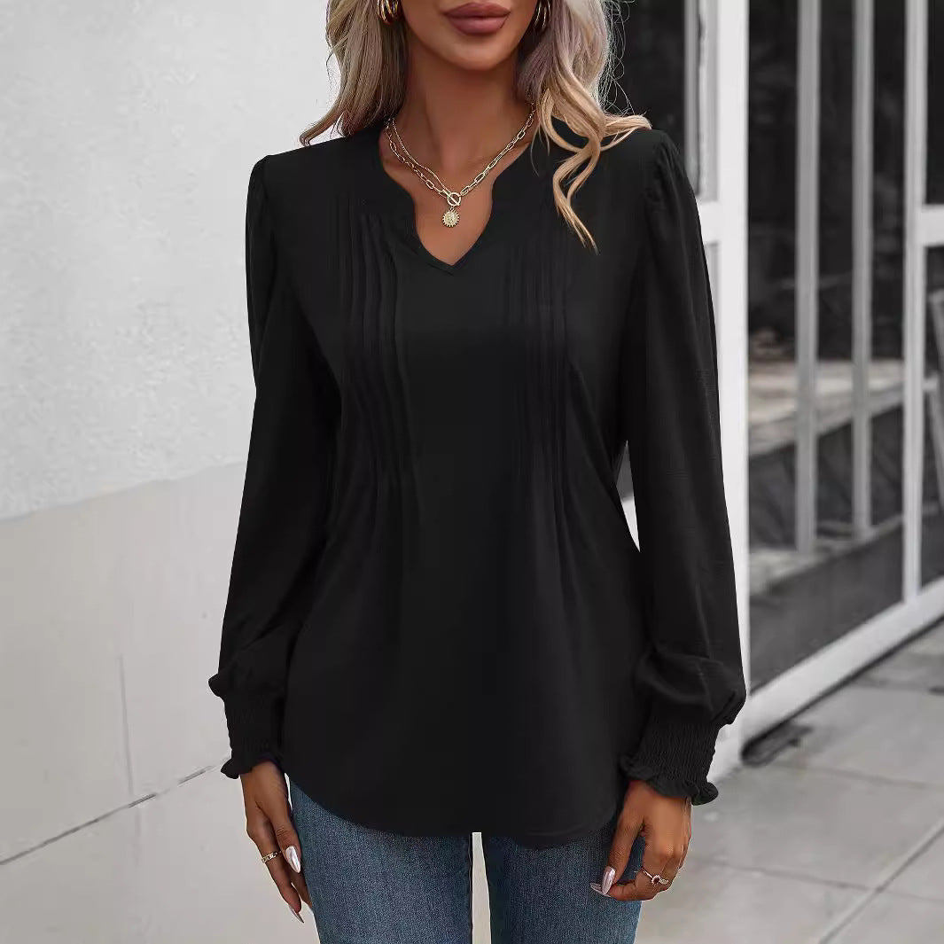 Damen nan Langarmshirt mit V-Ausschnitt, dekorativen Kellerfalten vorn und elastischen Smokbündchen Drune