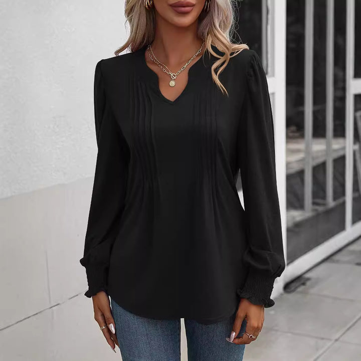 Damen nan Langarmshirt mit V-Ausschnitt, dekorativen Kellerfalten vorn und elastischen Smokbündchen Drune
