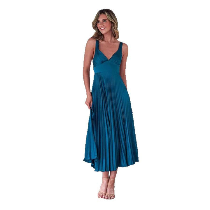 Damen Plissiertes Maxikleid mit V-Ausschnitt und schwingendem Rock Drune