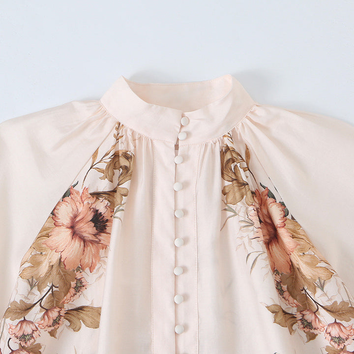 Damen Bluse mit Stehkragen, durchgehender Knopfleiste und weiten Ballonärmeln Drune