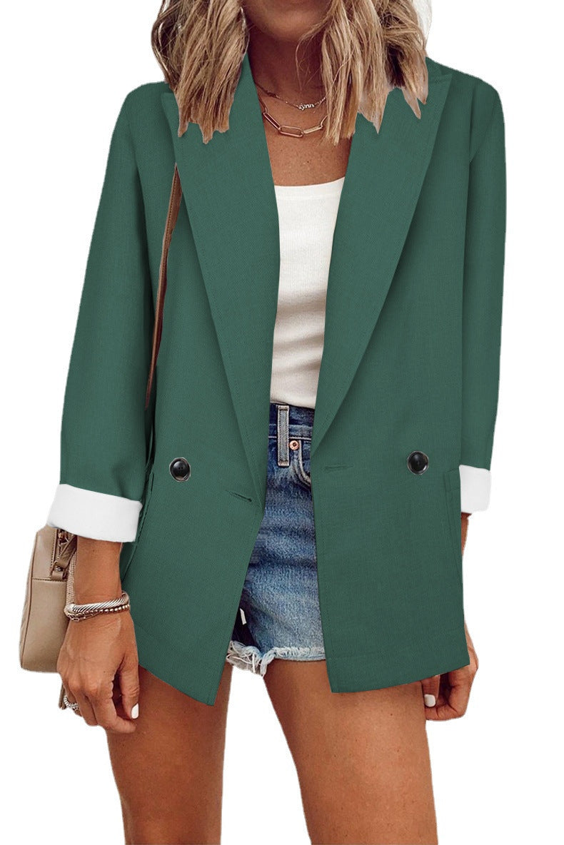 Damen Oversize Longline-Blazer mit 3/4-Ärmeln, Kontrastumschlag und aufgesetzten Taschen Drune