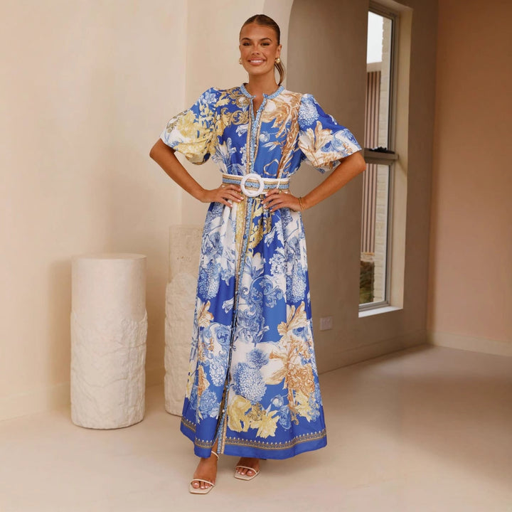 Damen Maxikleid mit floralem Knopfleisten-Design und tailliertem Gürtel Drune