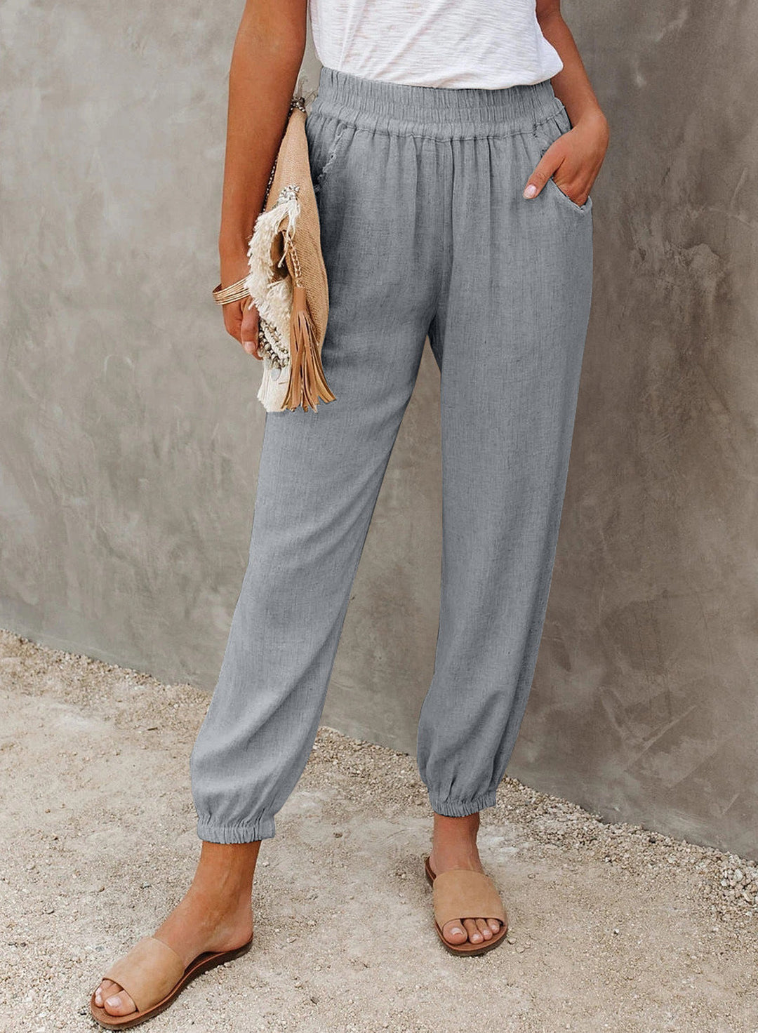 Damen lässige Leinen-Hose mit elastischem Bund und Gummizug Drune