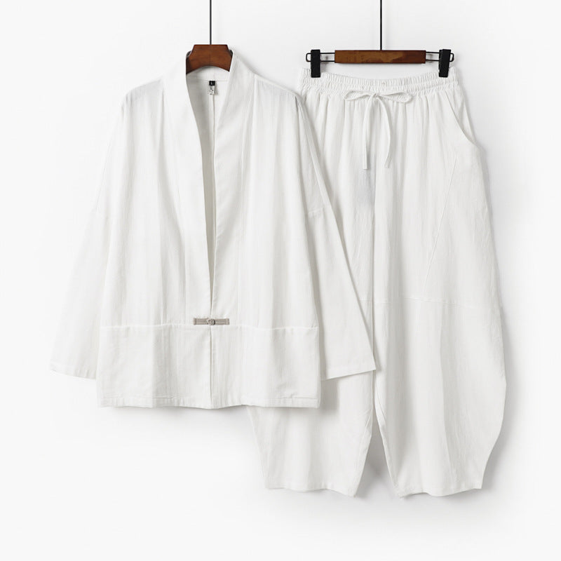 Herren Kimono-Loungewear-Set mit kurzem Schalkragen und weiten Harem-Bundhosen Drune
