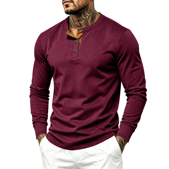 Herren Geripptes Henley-Langarmshirt aus Feinstrick mit Stehkragen und Knopfleiste Drune