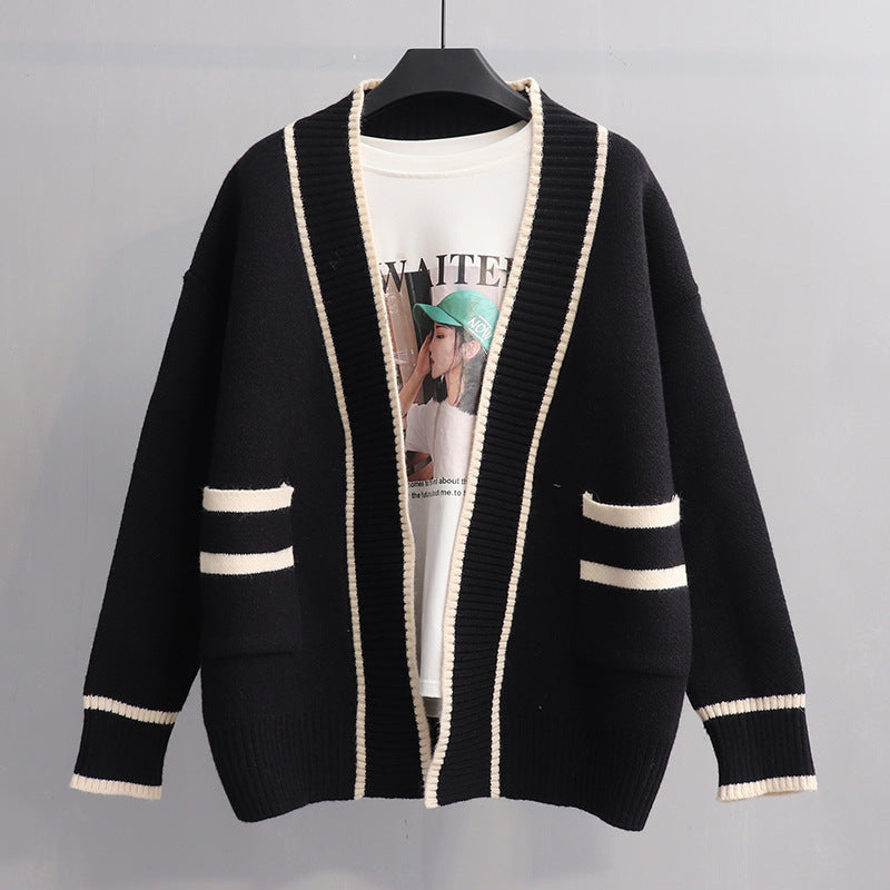 Damen lässiger Strickjacke mit großen Taschen und Kontrastdetails Drune