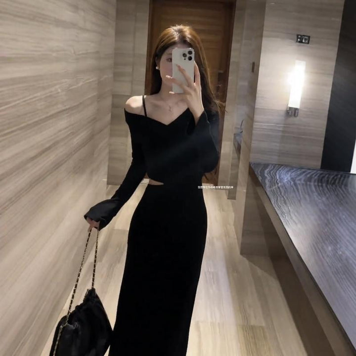 Damen elegantes Kleid mit asymmetrischem Ausschnitt und Cut-Out Drune