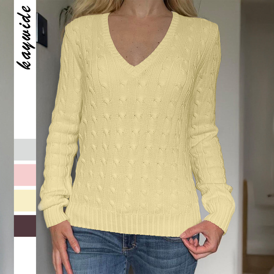 Damen nan Premium-Baumwollmix Zopfstrickpullover mit tiefem V-Ausschnitt und taillierter Silhouette Drune