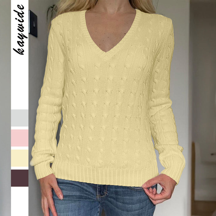 Damen nan Premium-Baumwollmix Zopfstrickpullover mit tiefem V-Ausschnitt und taillierter Silhouette Drune