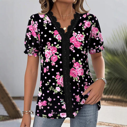 Damen nan V-Ausschnitt-Bluse mit Spitzenborte, Puffärmeln und floralem Punktmuster Drune