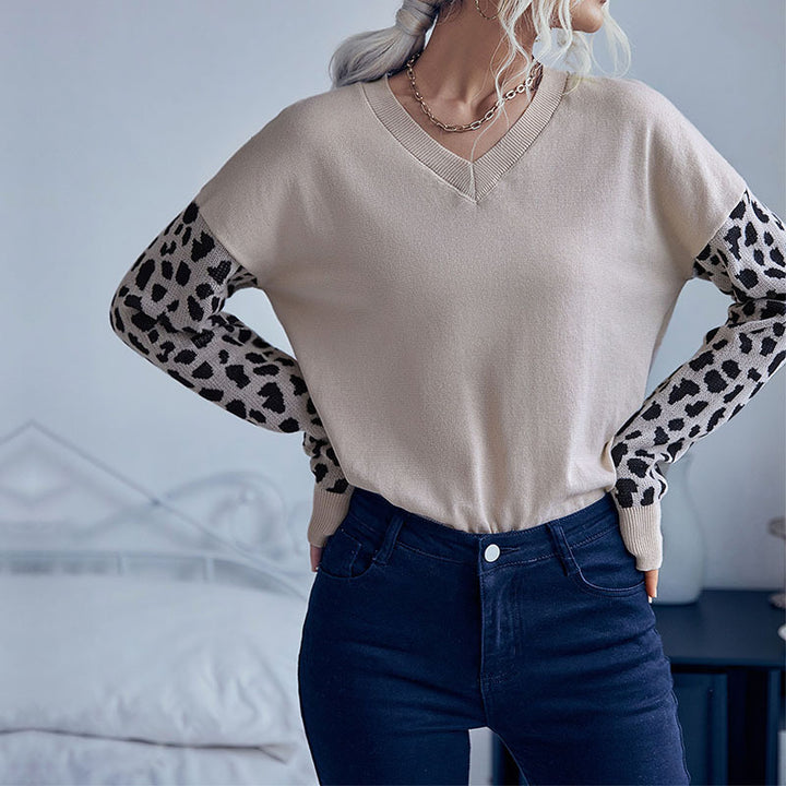 Damen V‑Ausschnitt-Feinstrickpullover mit Animal-Motivärmeln und elastischem Saum Drune