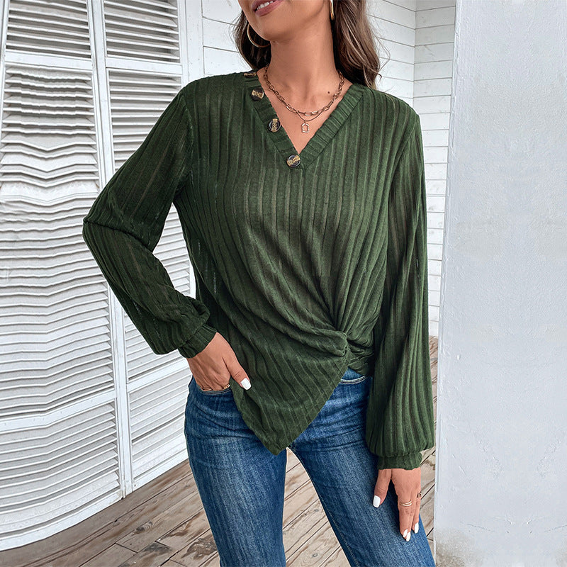 Damen Geripptes V-Ausschnitt Langarmshirt mit Twist-Knoten und Zierknöpfen Drune