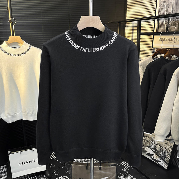 Unisex Feinstrickpullover mit kurzem Stehkragen und kontrastierendem Schriftkragen Drune