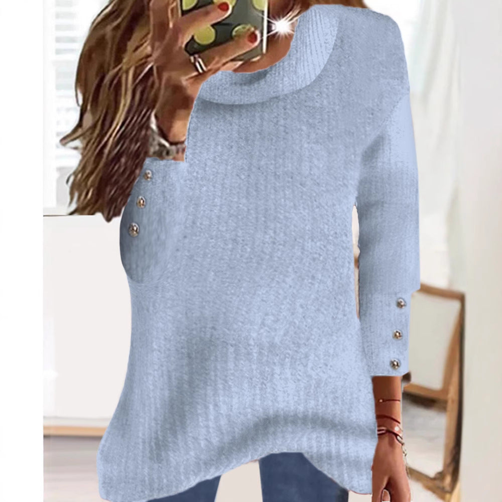 Damen Locker Feinstrickpullover mit Rundhalsausschnitt und dekorativer Knopfblende an den Ärmeln Drune