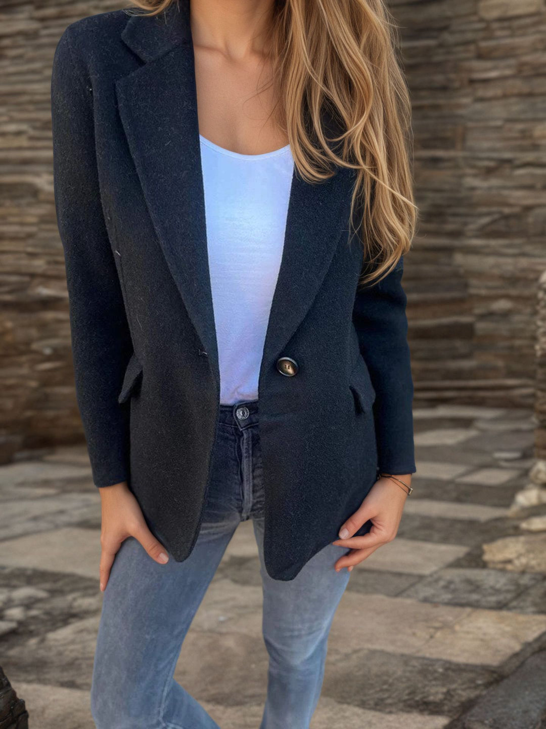 Damen taillierter Bouclé-Blazer mit fallendem Revers und Ein-Knopf-Detail Drune