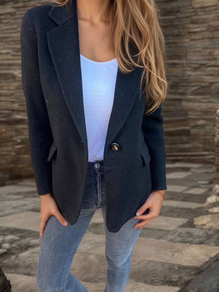 Damen taillierter Bouclé-Blazer mit fallendem Revers und Ein-Knopf-Detail Drune