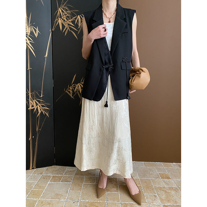Damen elegante Weste mit Bindegürtel und stilvollen Taschen Drune