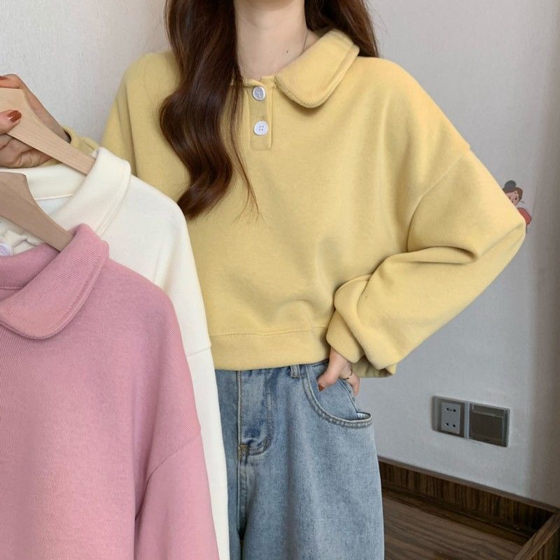 Damen Kurzarm Sweatshirt mit modischem Kragen und dekorativen Knöpfen Drune