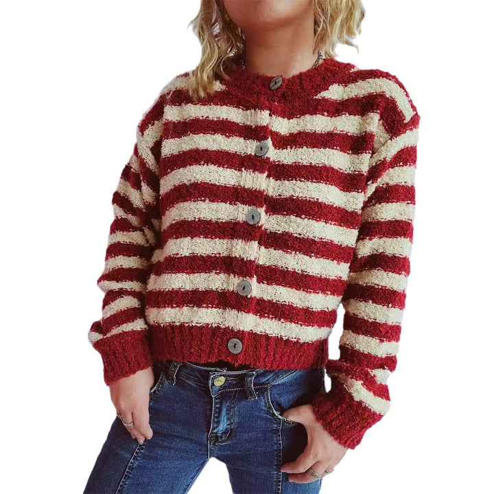 Damen kuschelige Strickjacke mit modernen Streifen und Knopfdetails Drune