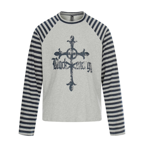Herren Langarm-Raglanshirt mit Streifenärmeln und Vintage-Print Drune
