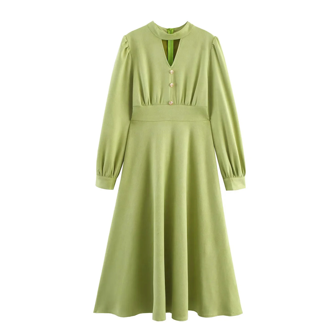 Damen nan feminines Midikleid mit Taillenbetonung, V‑Cutout am Ausschnitt und ausgestelltem Rock Drune