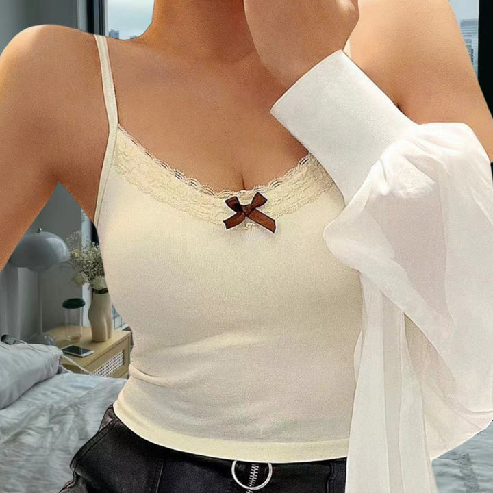 Damen Spaghetti-Trägershirt mit Spitzenbesatz und Schleifendetail Drune