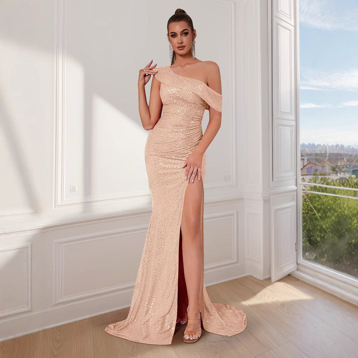 Damen Elegantes Schulterfreies Abendkleid mit Glitzernde Pailletten und Hohem Schlitz Drune