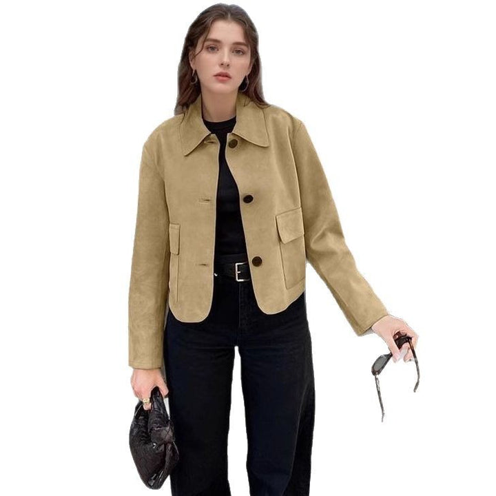 Damen modische Wildlederjacke mit praktischen Taschen und klassischem Kragen Drune