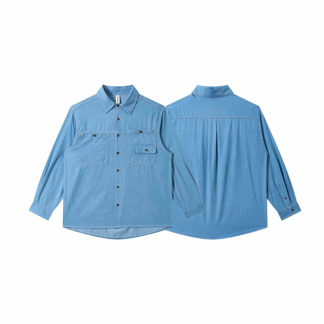 Herren Leichtes Worker-Denim-Hemd mit Boxy-Schnitt, doppelter Brusttasche und gerundetem Saum Drune