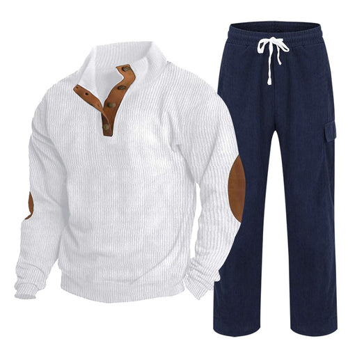 Herren Gemütliches Freizeit-Set aus Waffelstrick-Henley mit Ellenbogenpatch und Relax-Cargo-Hose Drune