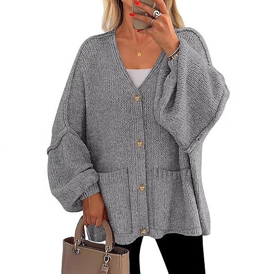 Damen Oversized Strickjacke mit Knöpfen und großen Taschen Drune