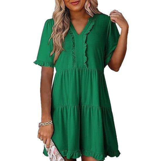 Damen nan leichtes Swingkleid mit V-Ausschnitt, gestufter Rockpartie und zarten Volants Drune