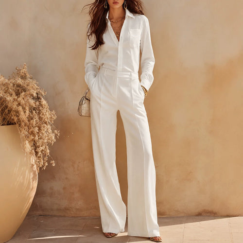 Damen Zweiteiliges Business-Hosenanzug-Set mit Hemdbluse und weiter Bundfaltenhose Drune