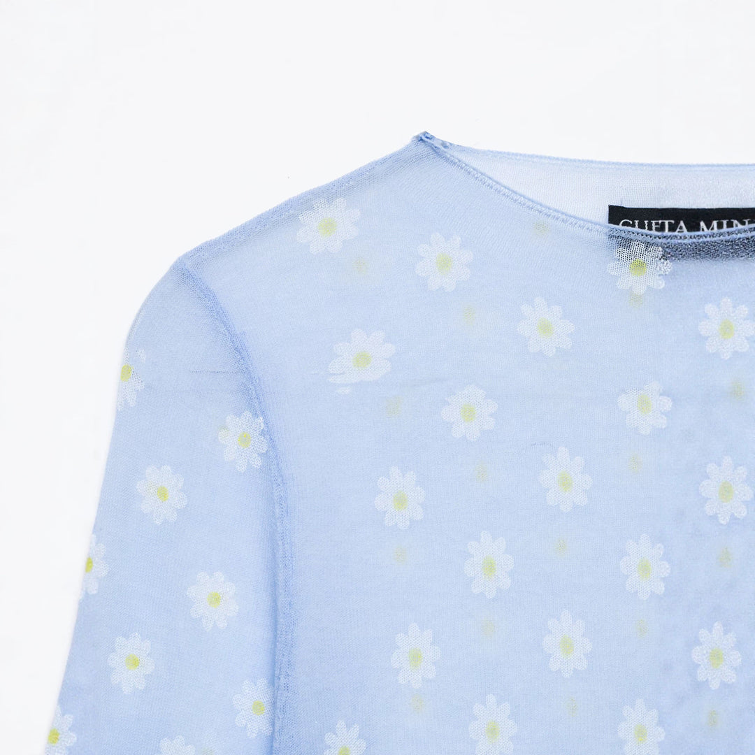Damen Feines transparentes Mesh-Longsleeve mit Allover-Gänseblümchenprint und Rundhalsausschnitt Drune