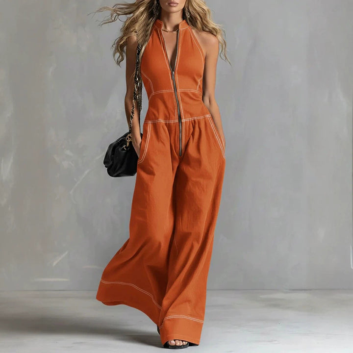 Damen Ärmelloser Halter-Jumpsuit mit Reißverschluss, weitem Bein und Eingrifftaschen Drune