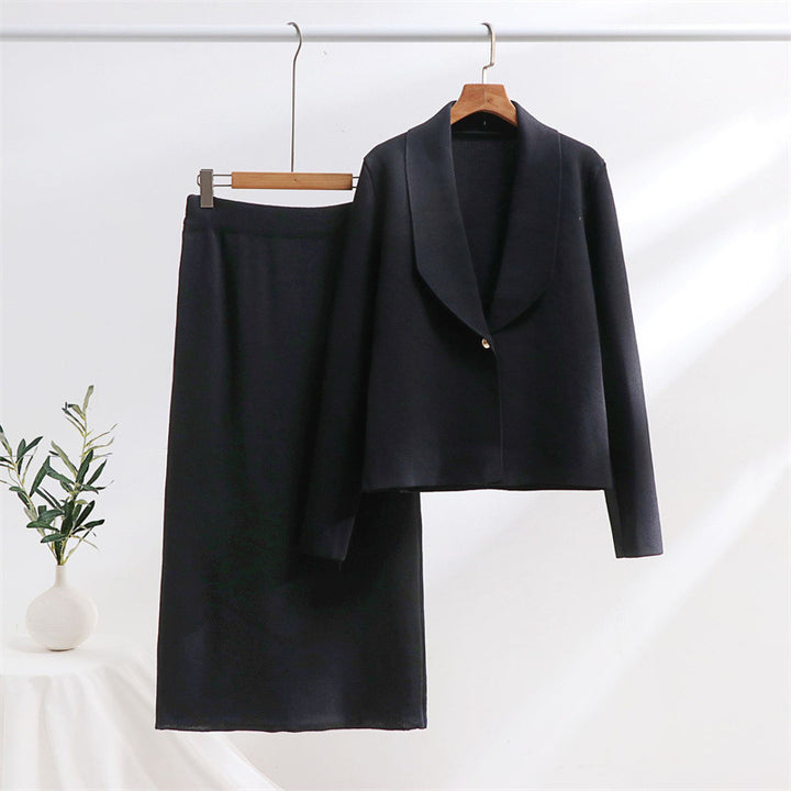 Damen elegantes Strickensemble mit Blazer und Midi-Rock Drune