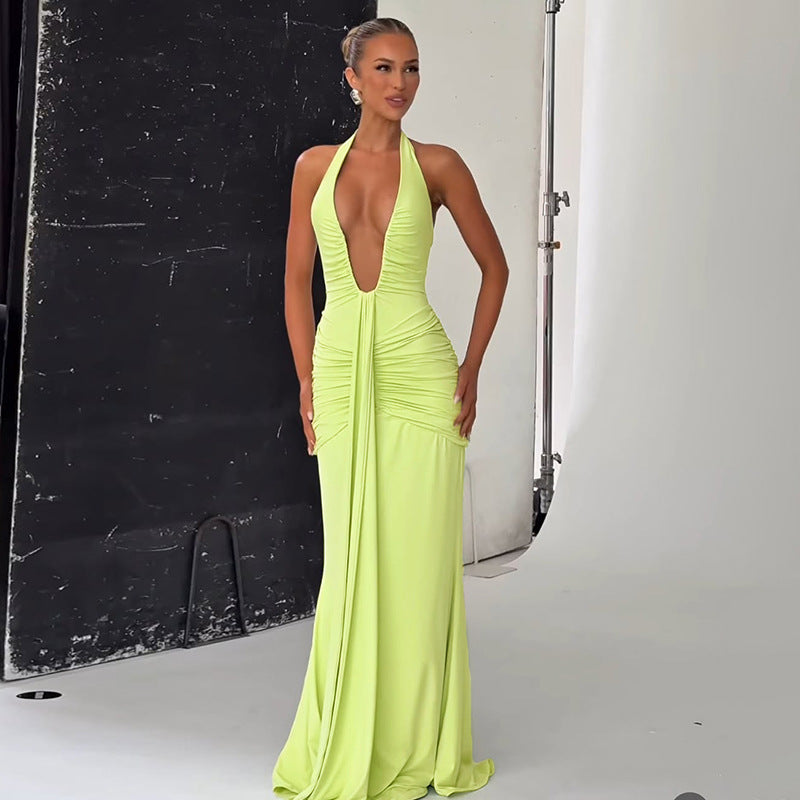 Damen Elegantes Maxikleid mit raffinierten Drapierungen und tiefem V-Ausschnitt Drune