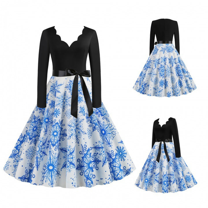 Damen Festliches Tellerrockkleid mit geschwungener Ausschnittkante, langen Ärmeln und Satin-Taillengürtel Drune