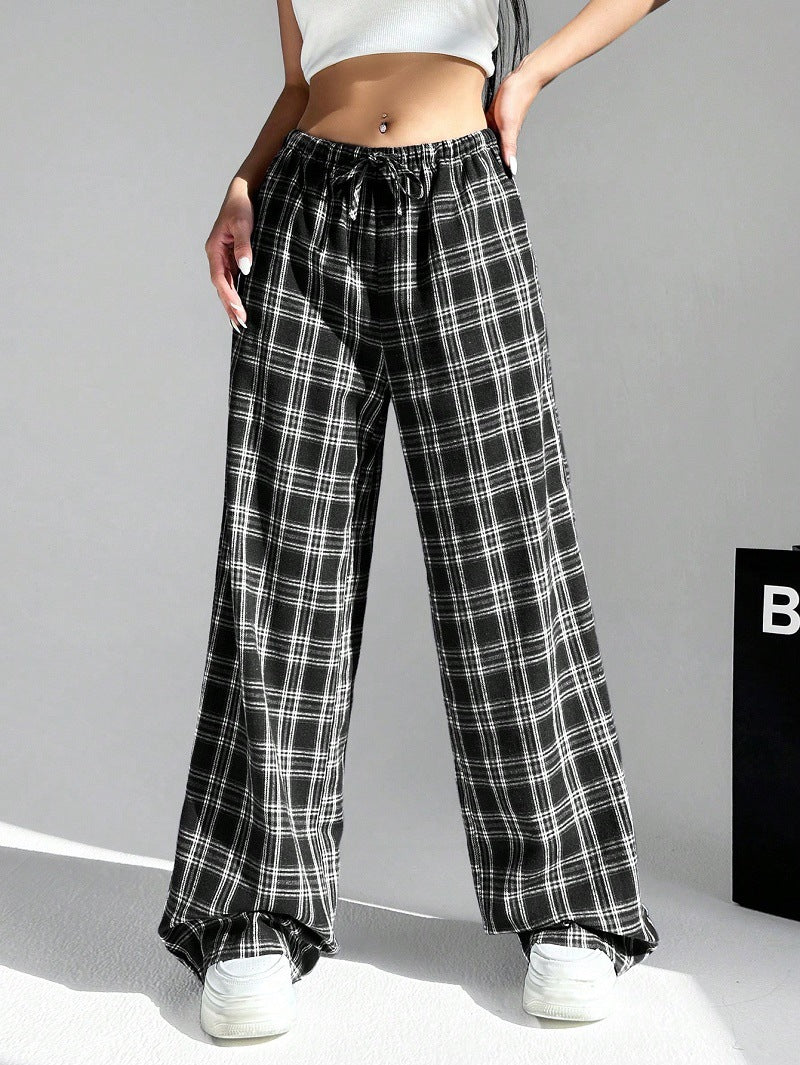 Damen weite Karo-Hose aus angenehmem Baumwollstoff mit Gummibund und seitlichen Taschen Drune