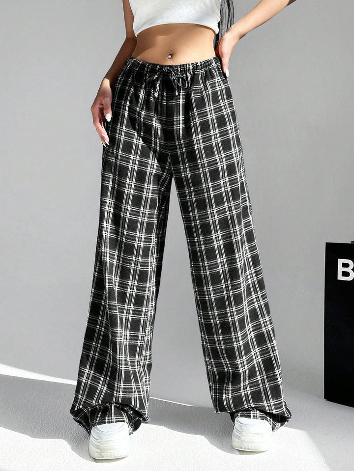 Damen weite Karo-Hose aus angenehmem Baumwollstoff mit Gummibund und seitlichen Taschen Drune