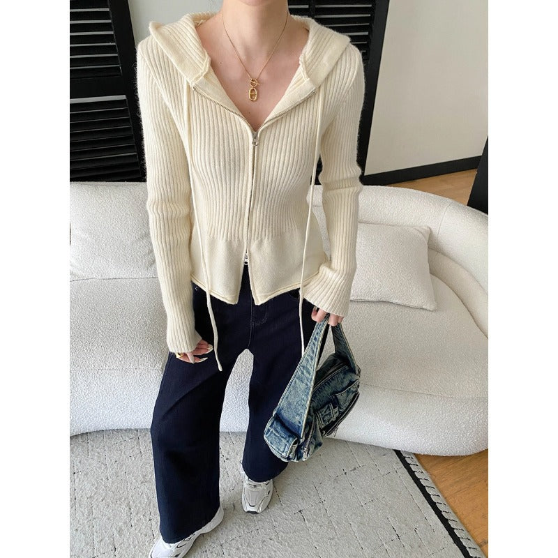 Damen lässige Strickjacke mit Kapuze und Reißverschluss Drune