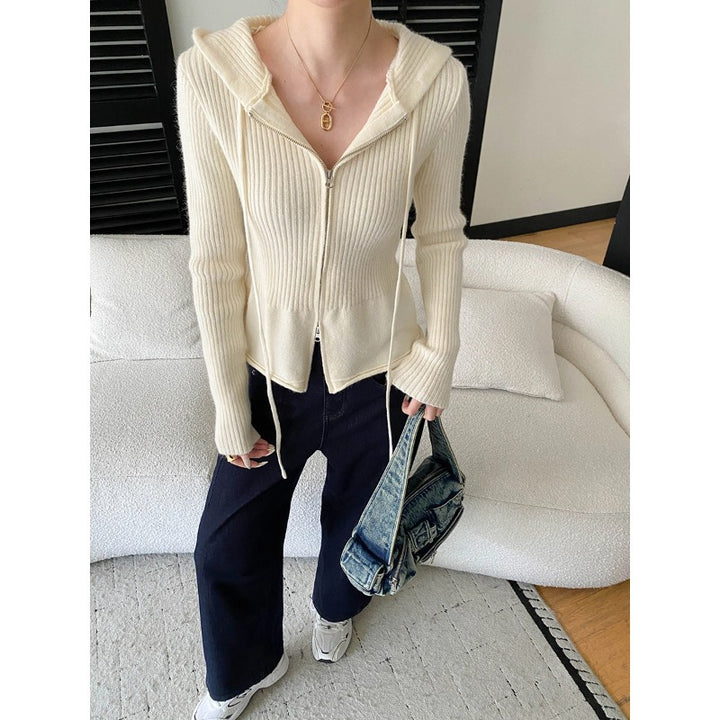 Damen lässige Strickjacke mit Kapuze und Reißverschluss Drune