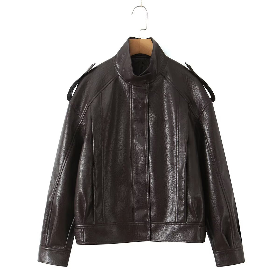 Damen Cropped Bomberjacke aus Kunstleder mit hohem Stehkragen und Schulterklappen Drune