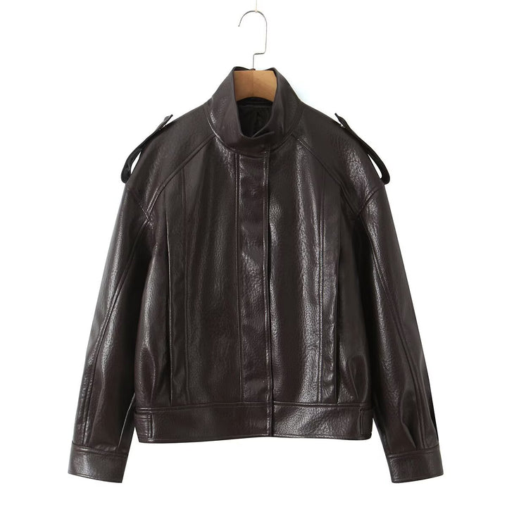 Damen Cropped Bomberjacke aus Kunstleder mit hohem Stehkragen und Schulterklappen Drune