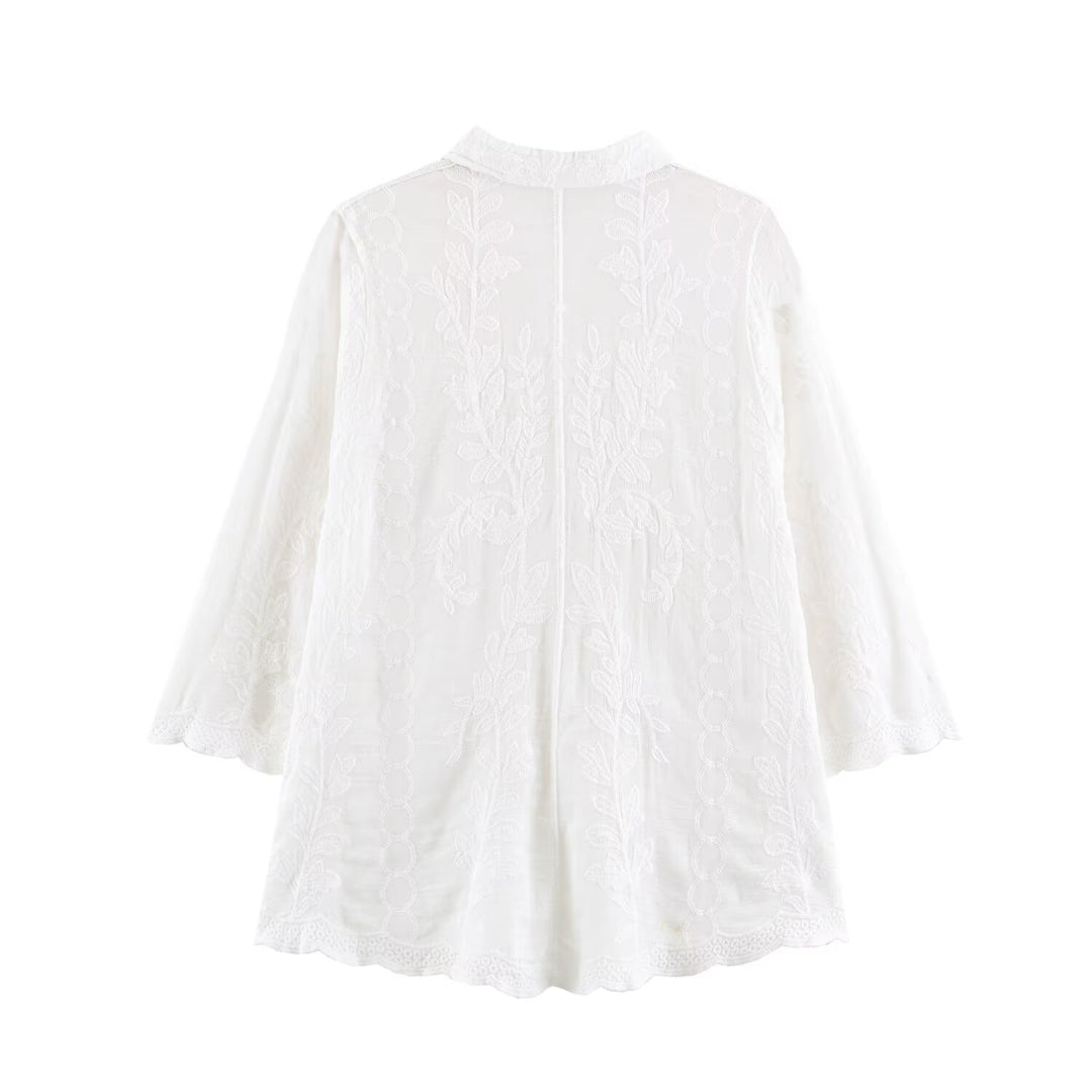 Damen Bestickte Baumwollbluse mit Lochstickerei und dreiviertelärmeln Drune