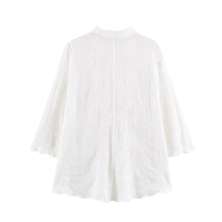 Damen Bestickte Baumwollbluse mit Lochstickerei und dreiviertelärmeln Drune