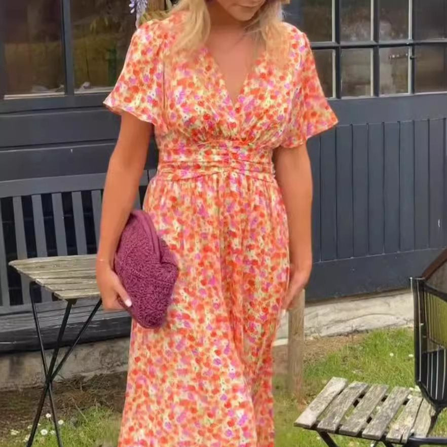 Damen Maxikleid mit elegantem V-Ausschnitt und verspieltem Puffärmel Drune