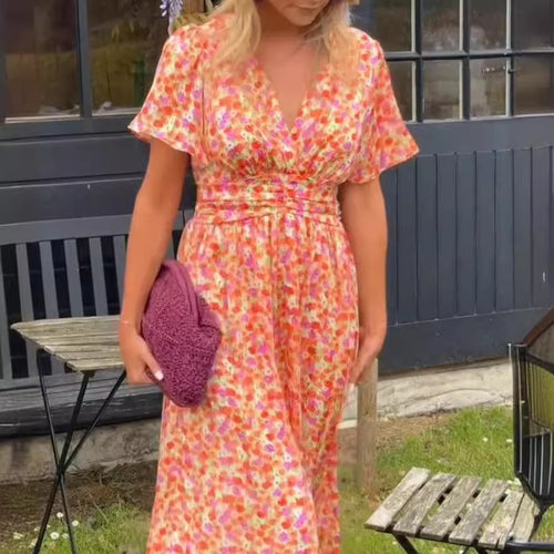 Damen Maxikleid mit elegantem V-Ausschnitt und verspieltem Puffärmel Drune