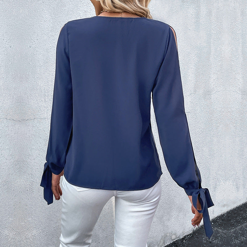 Damen Viskose‑Look Bluse mit V‑Ausschnitt, Spitzenbesatz und Cut‑Out‑Ärmeln Drune