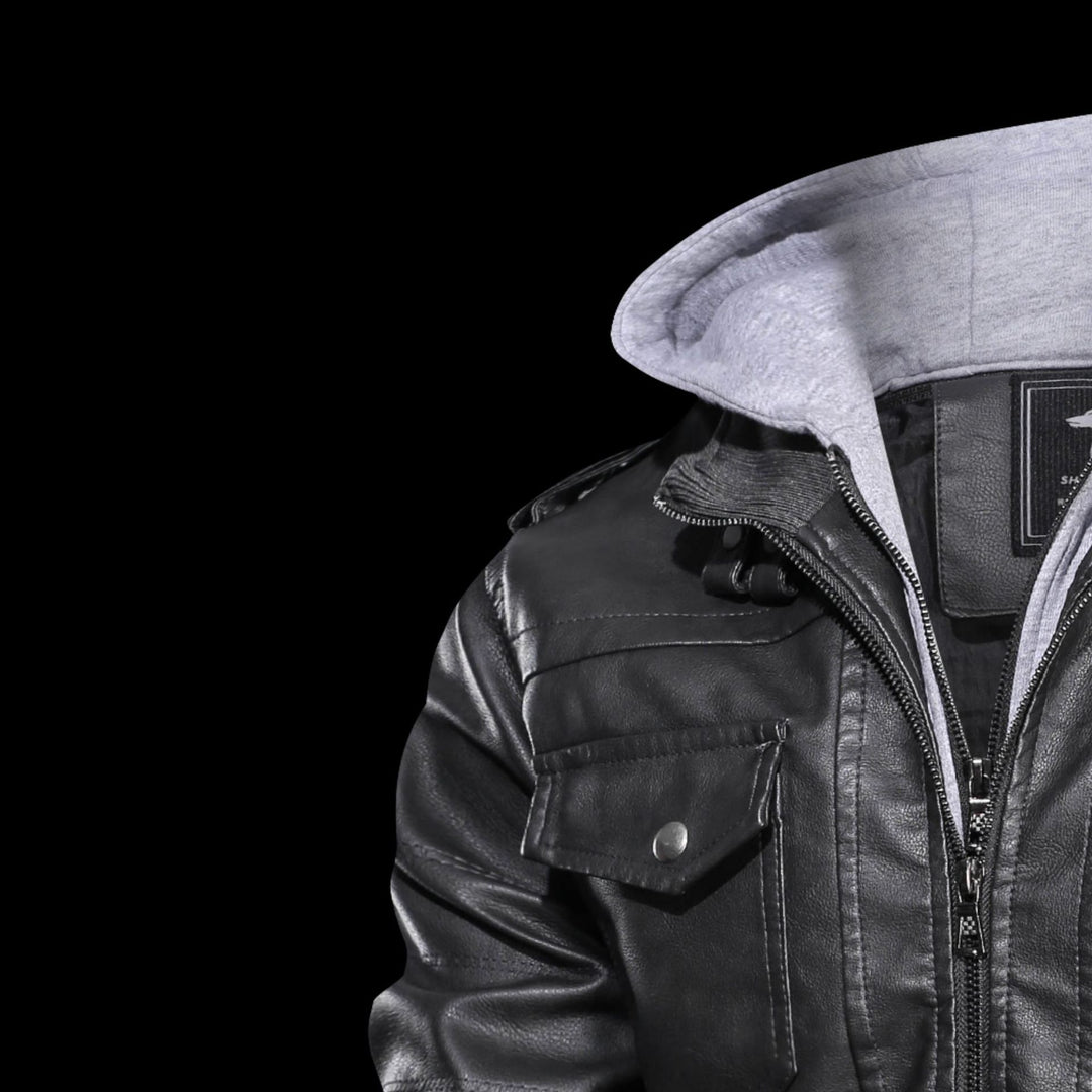 Herren Lederoptik-Utility-Jacke mit Kapuze, Reißverschlusstaschen und Rippbündchen Drune